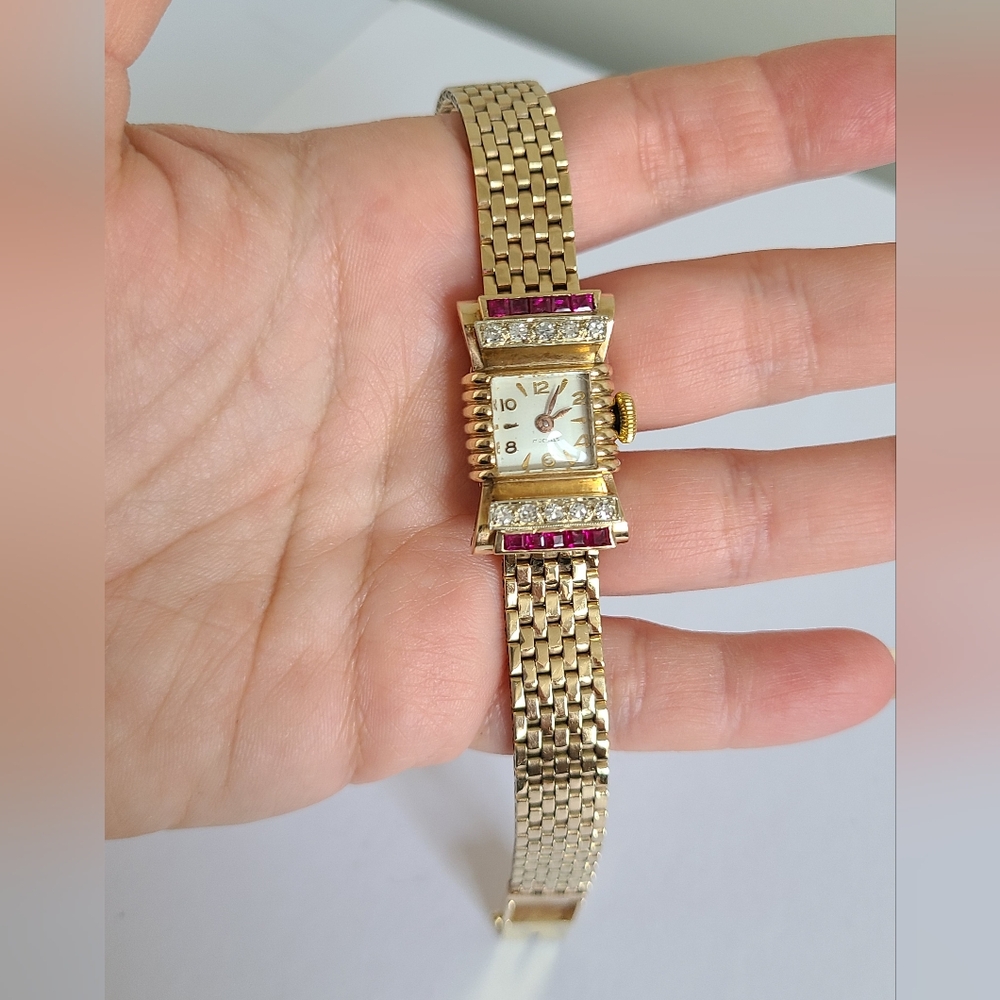 Antique 14K Yellow Gold Custom 17 Jewel Luxury Diamond Ruby Wind Up Manual Watch - Picture 10 of 16